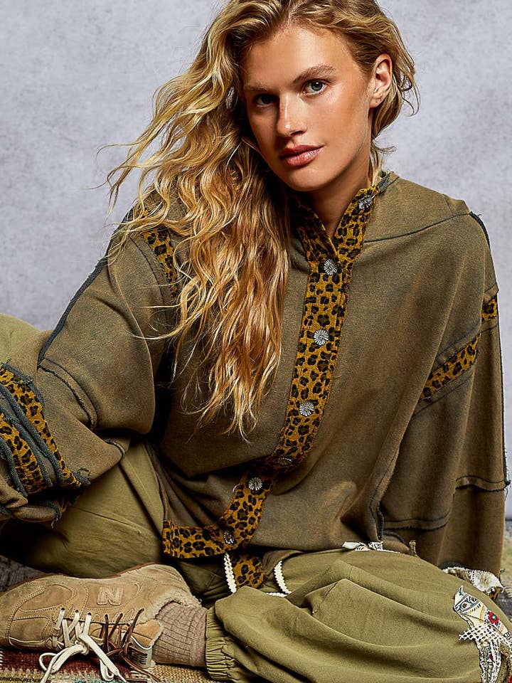 French terry animal print patch outseam solid hoodie jacket for wholesale by Pol Clothing