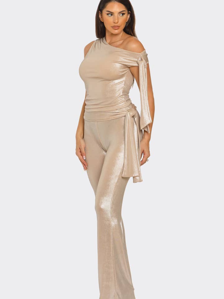 Julia by LoveJ - Wholesale Top & Pant Set (NOT Loungewear) - Women's - Asymmetrical Shoulder Shirring Tie Top Pants Set2