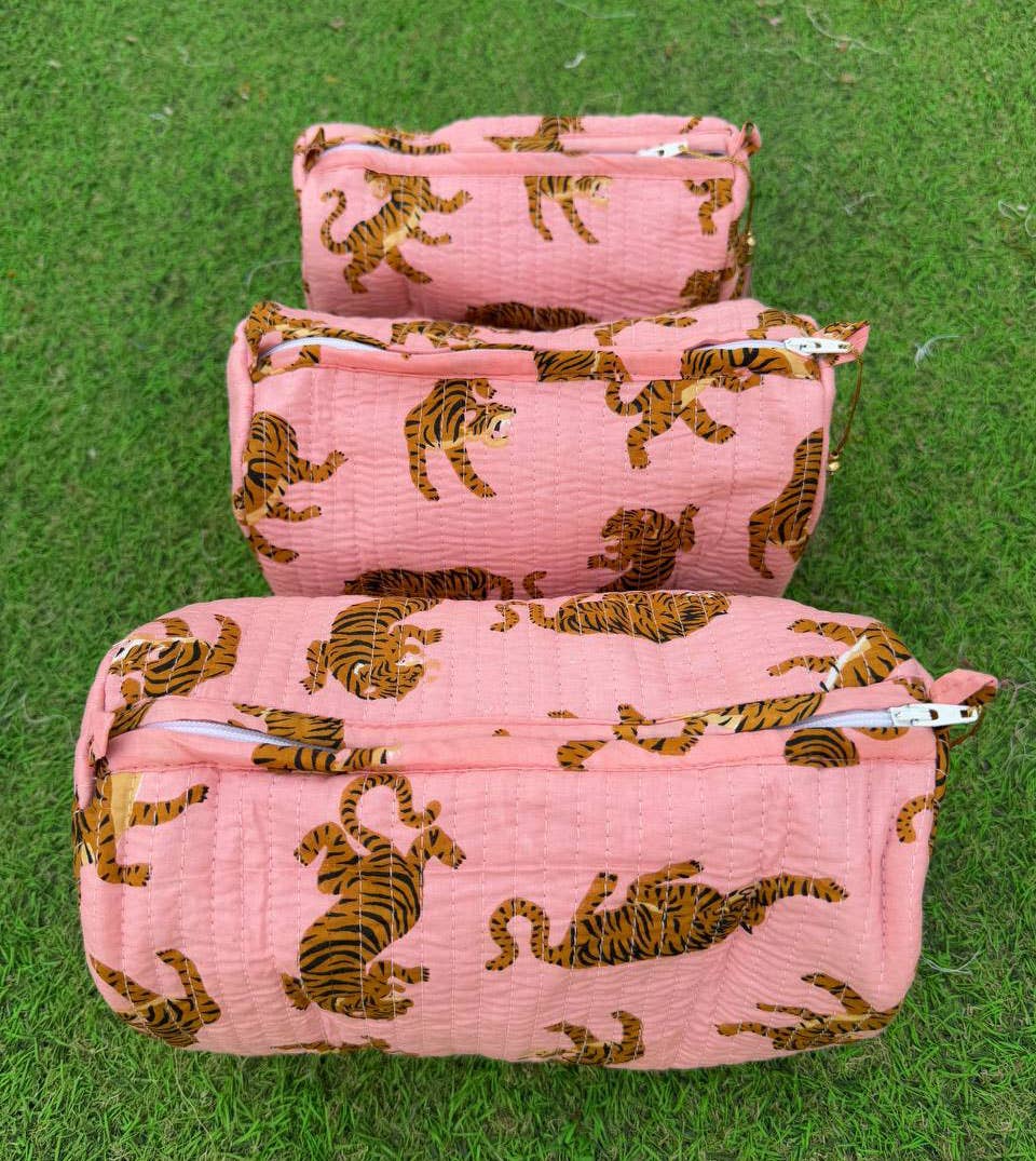 Bhawana Handicrafts - Wholesale Makeup/Cosmetic Bag - Light Pink Tiger Printed Bag Indian Cotton Quilted Toiletry