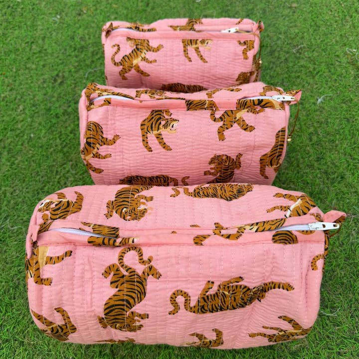 Light Pink Tiger Printed Bag Indian Cotton Quilted Toiletry  and other Purchase Wholesale toilettas. Free Returns & Net 60 Terms on Faire trending on Faire.