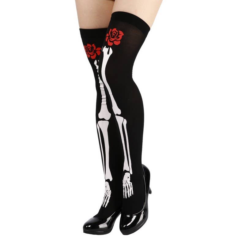 KBW Global Corp. - Wholesale Tights - Women's - Skeleton Leg Thigh High Stockings with Red Roses — One Size0