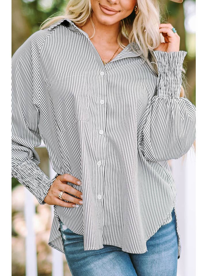Black LDC Smocked Cuffed Striped Boyfriend Shirt with Pocket for wholesale on Faire