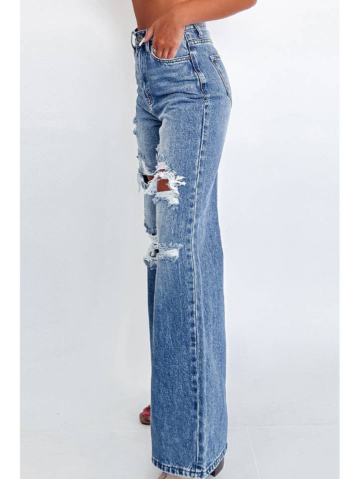 Ashleigh Blue Acid Wash Distressed Wide Leg High Waist Jeans for wholesale on Faire1