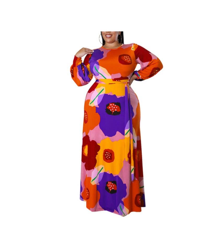 pinkblu02 - Wholesale Dress - Women's - Women Plus Size Long Sleeve Floral Print Round Neck Dress0