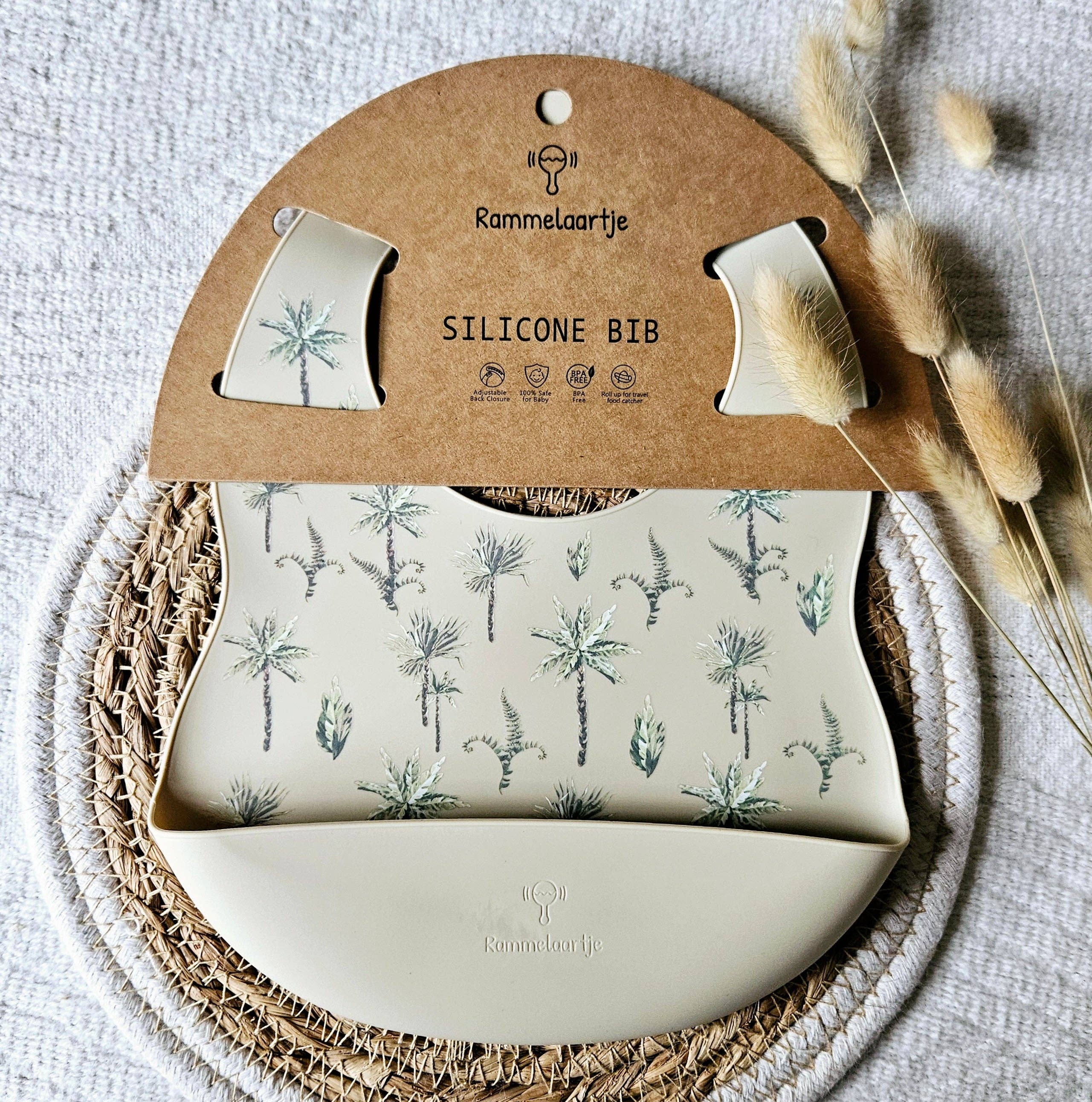 Rammelaartje - Wholesale Bib - Baby - Silicone bib with tray Beige - Jungle Plant Print2