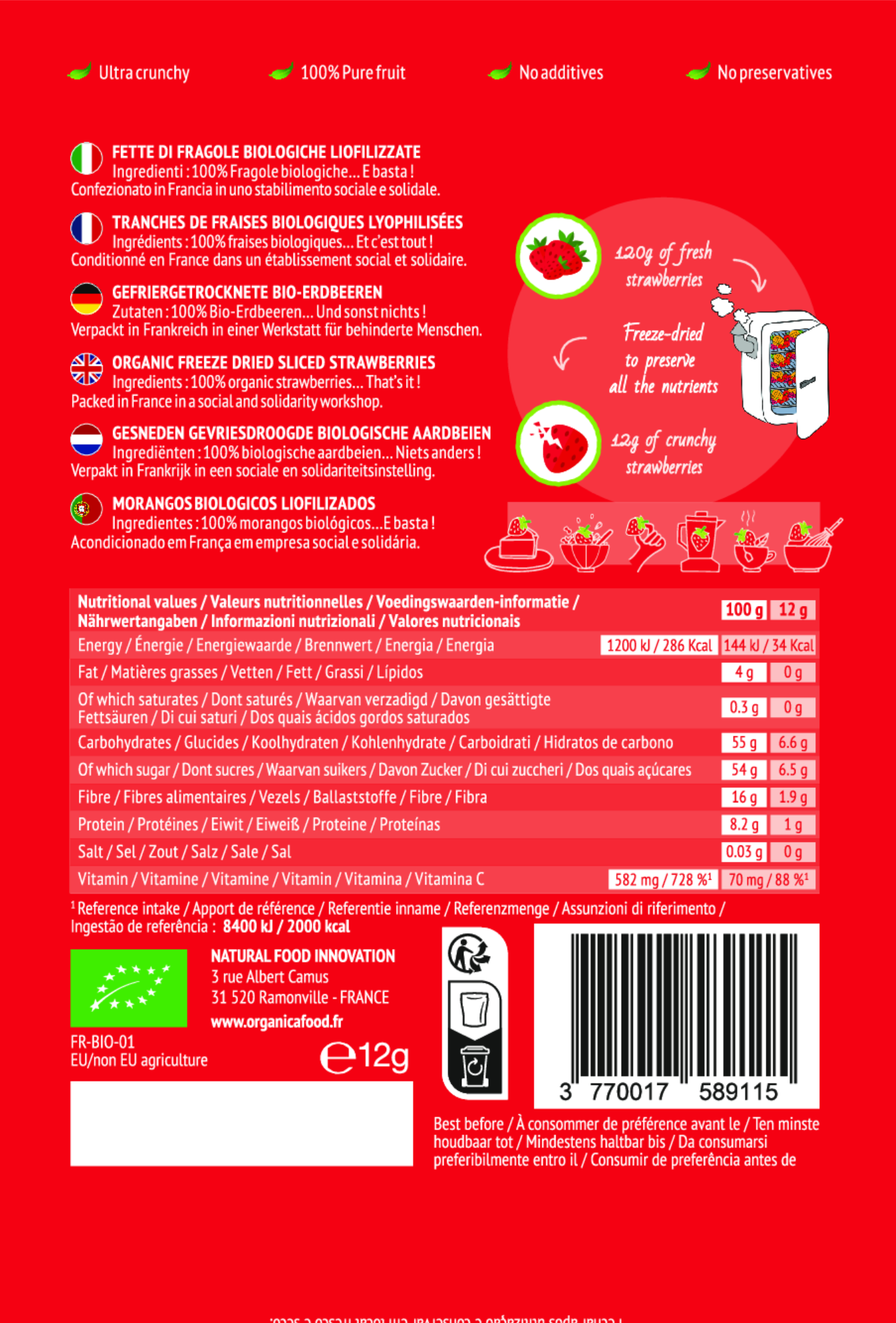 Organica - Wholesale Dried/Dehydrated Fruit - Organic freeze-dried strawberries 100% pure fruit | Organica Food4