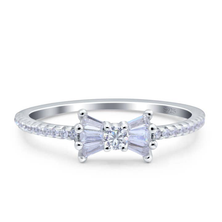Petite Dainty Ribbon Bow Ring Baguette Round Simulated Cubic Zirconia Engagement Band for wholesale by Blue Apple Imports