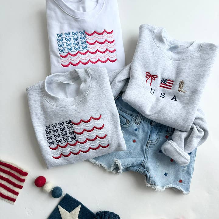 Arden & Gold - Wholesale Sweatshirt - Women's - Embroidered USA Bow and Scallop Crewneck Sweatshirt8