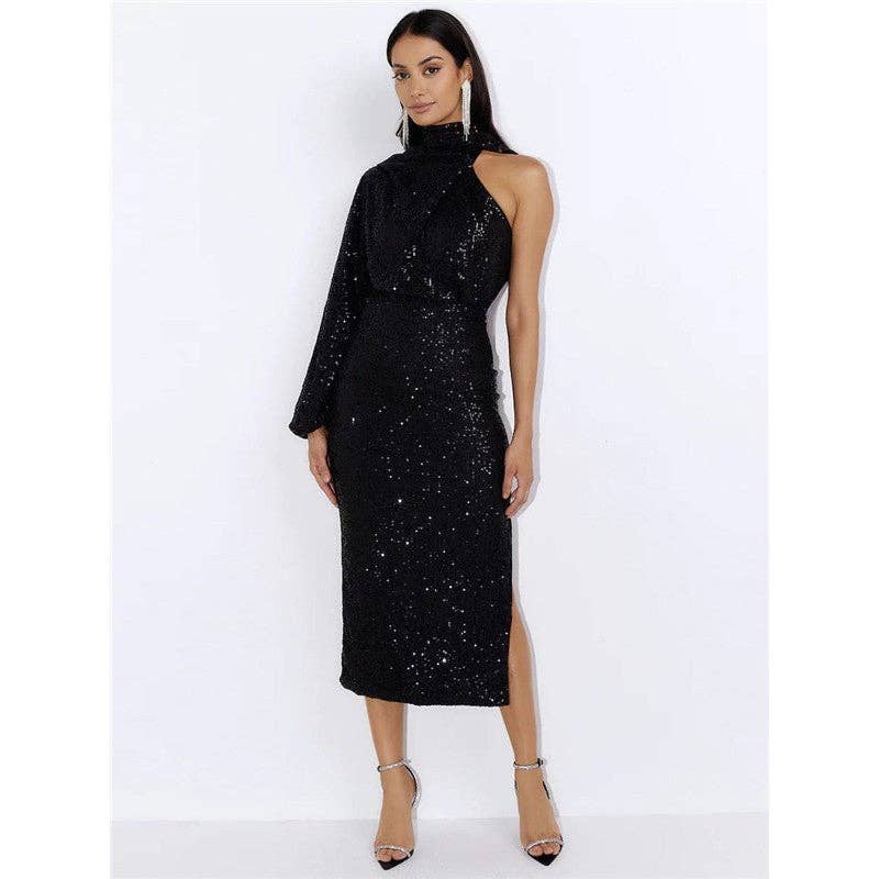 ShieldChic - Wholesale Dress - Women's - Solid Color Halterneck One Sleeve Sequins Bodycon Long Evening Dress7