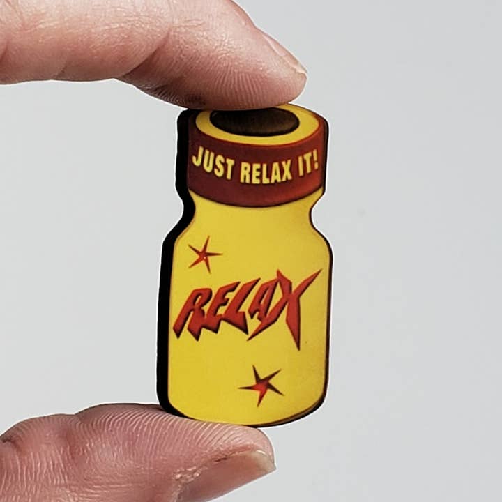 Relax Poppers Bottle Lapel Pin for wholesale by Mixtape Your Life
