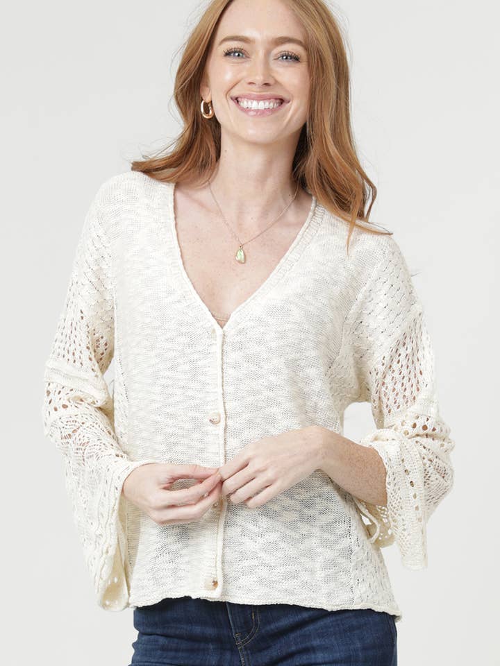 Cardigan con bottoni frontali XHT31-ASIS e maniche a maglia aperta per la vendita all'ingrosso da parte di ANGIE