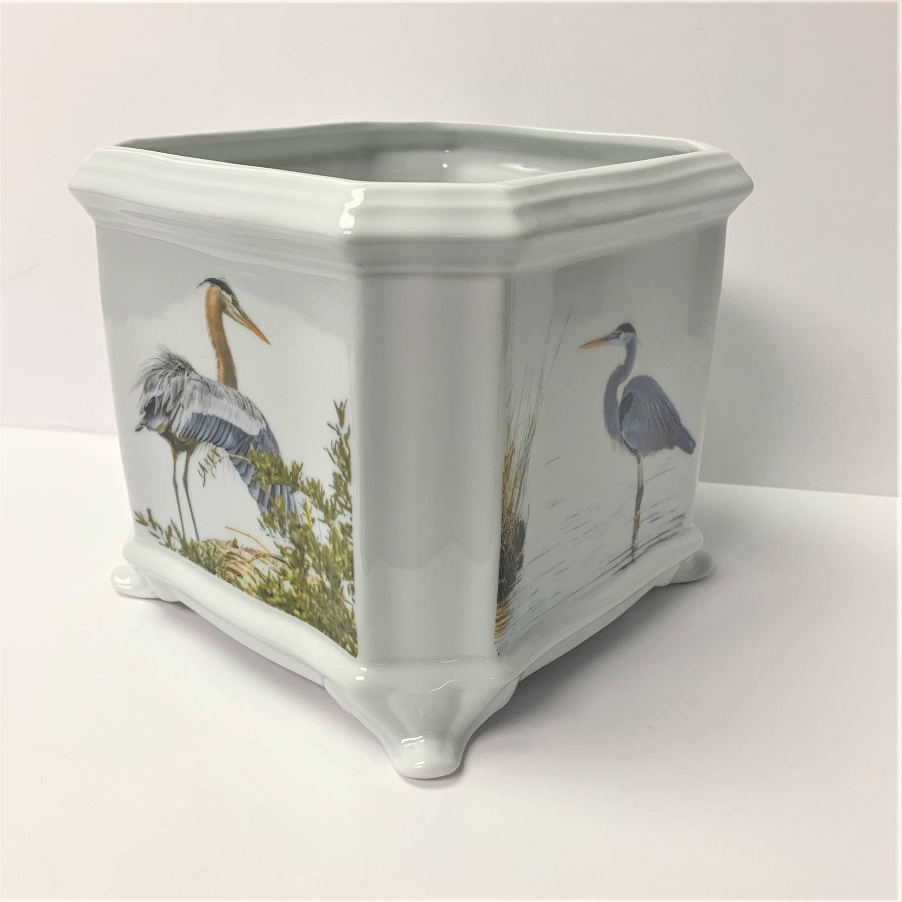 Blue Heron Cache Pot, 7" Square, Porcelain Planter for wholesale by MacHatton & Hall, LLC