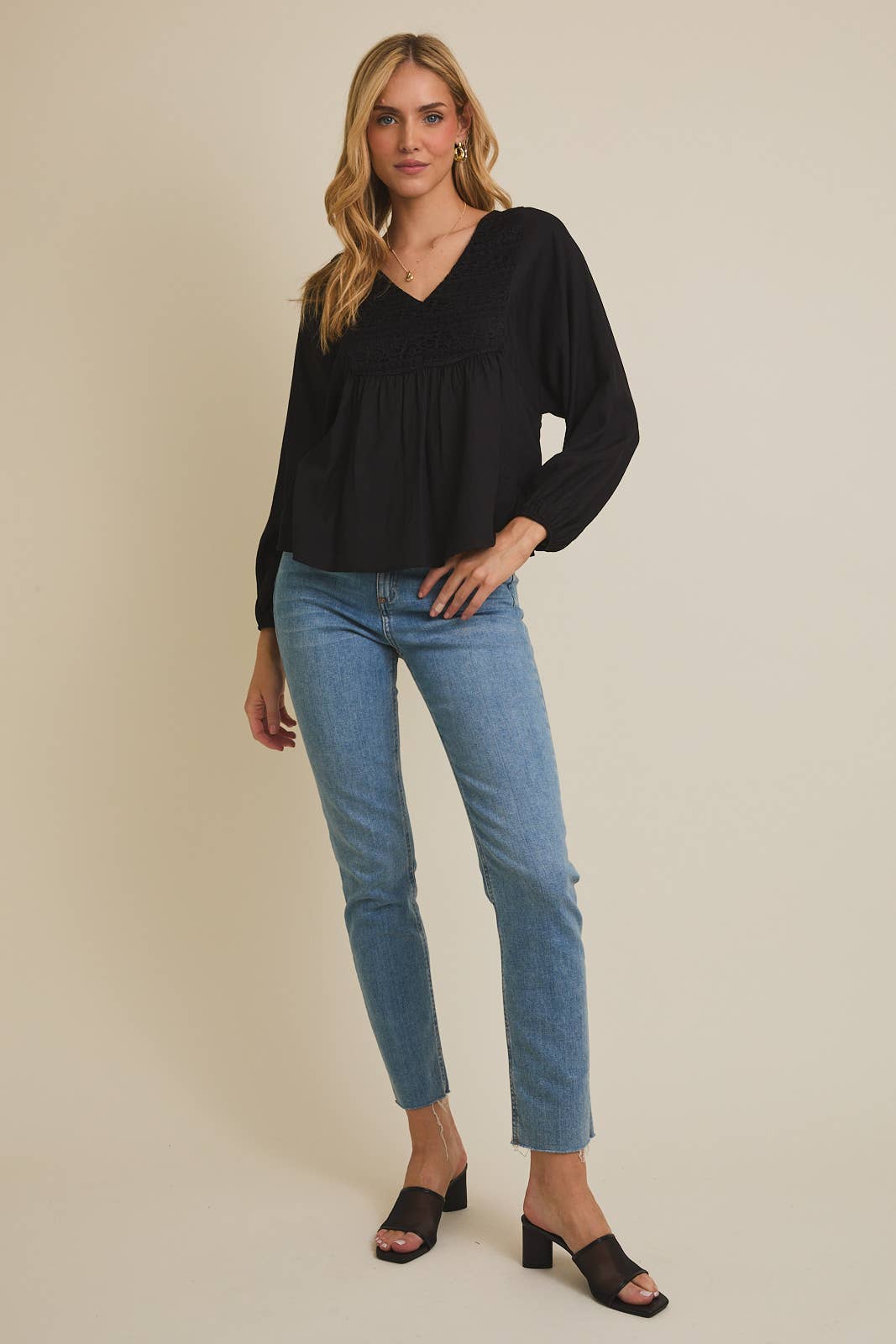 Black V-NECK LACE TRIM DETAIL BUTTON UP LONG SLEEVE FLARE HEM TOP for wholesale on Faire3