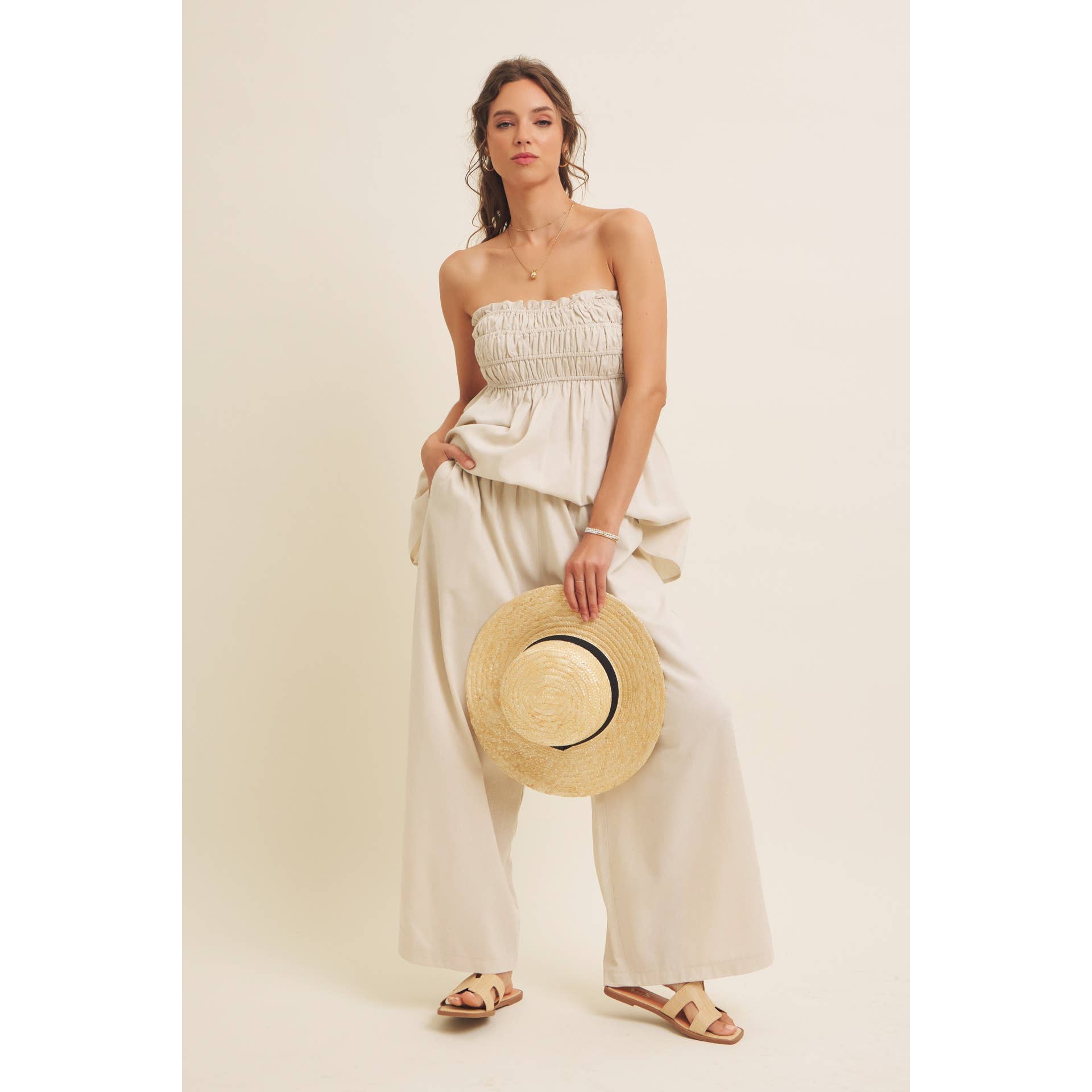 in february – Blusa - Mulher por atacado – TOP TÚNICA SEM ALÇAS DRAPEADO EM VISCOSE E LINHO24