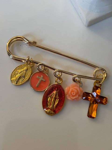 Ex-voto brooch, religious medal brooch, lucky charm pin brooch, handmade cross and miraculous virgin. for wholesale by Miss DJ Angel