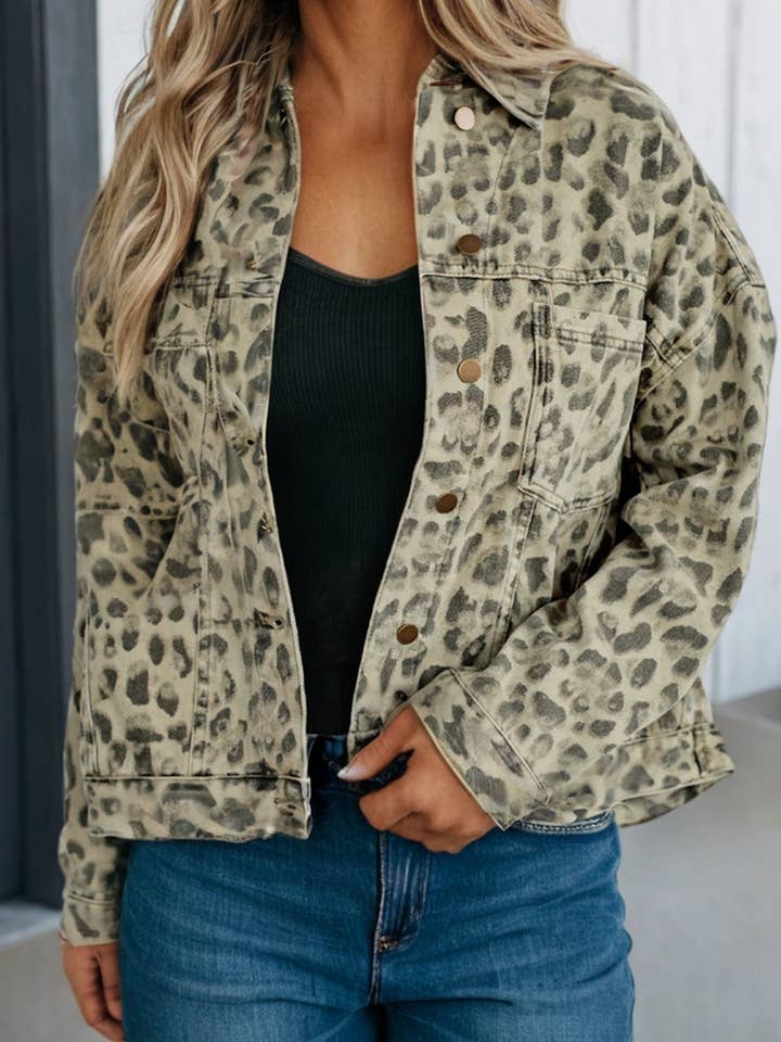 LAS Retro Leopard Seam Detail Button Denim Jacket (S-XL) for wholesale by LA Society