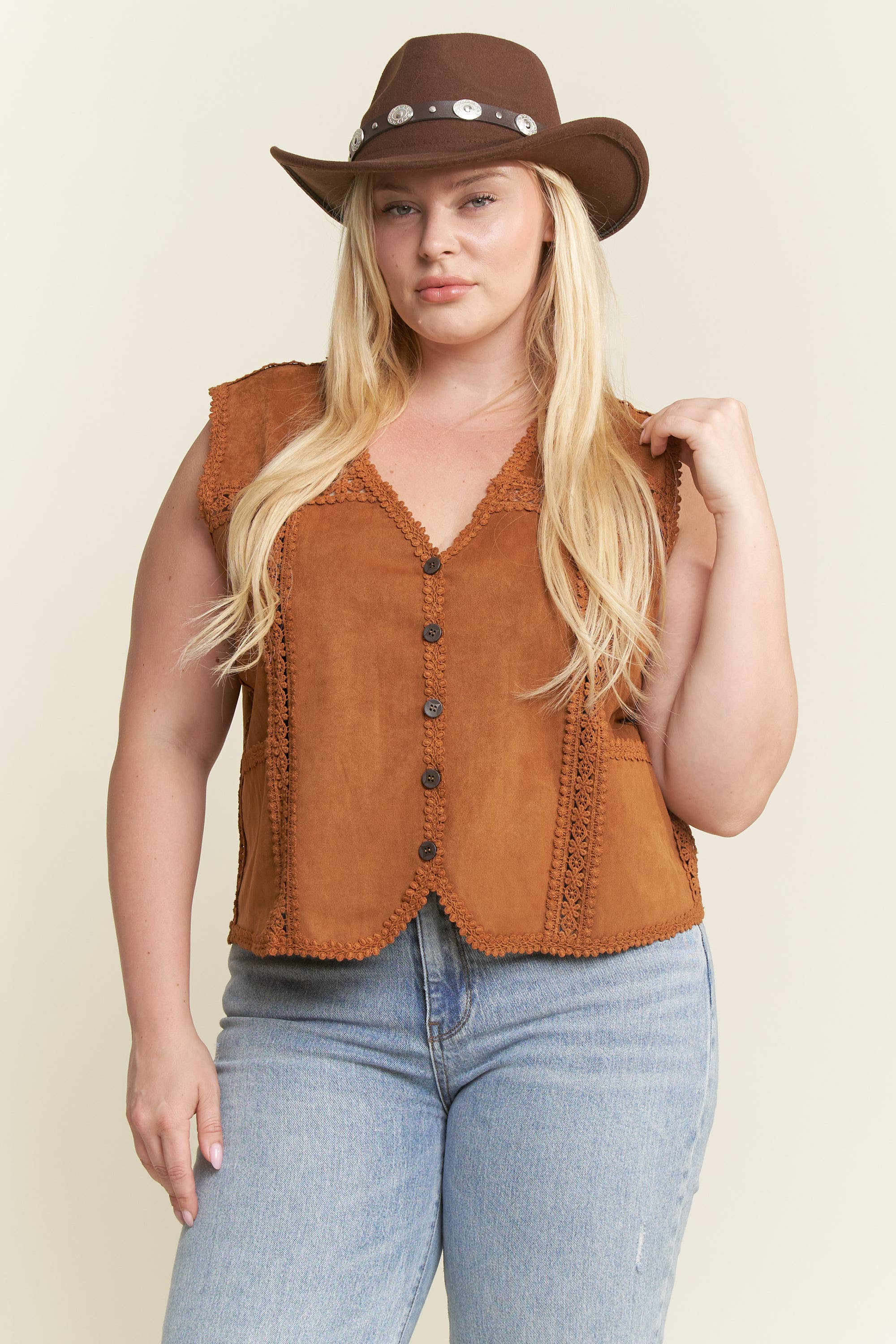 JADE BY JANE PLUS - Wholesale Outerwear Vest - Women's - PLUS SIZE SUEDE VEST WITH LACE TRIM5