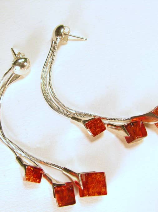 Three Strand Cube Shaped Cognac Amber Earrings for wholesale by Mia's Polish Treasures