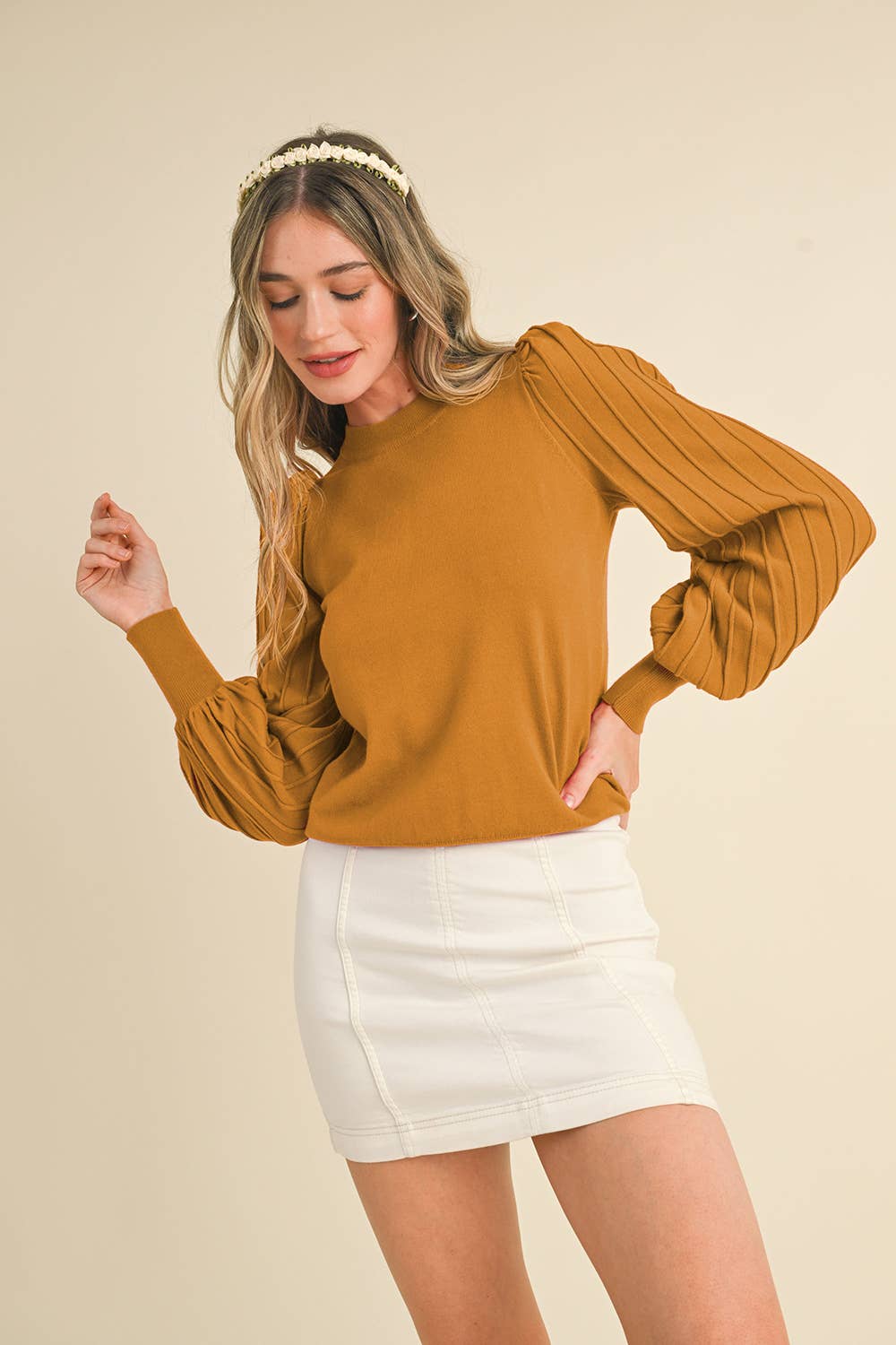 &MERCI - Wholesale Knit Sweater - Women's - STRIPE TEXTURE PUFF SLEEVE SWEATER MSW948534