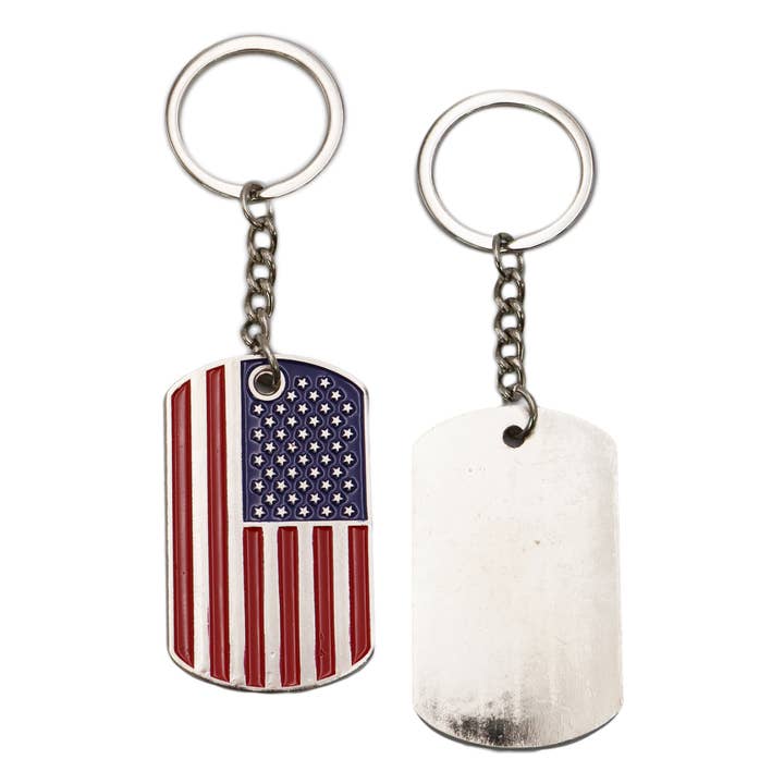 Cap Zone - Wholesale Keychain – Unisex - American Flag Military Tag Metal Key Chain - 12 pcs