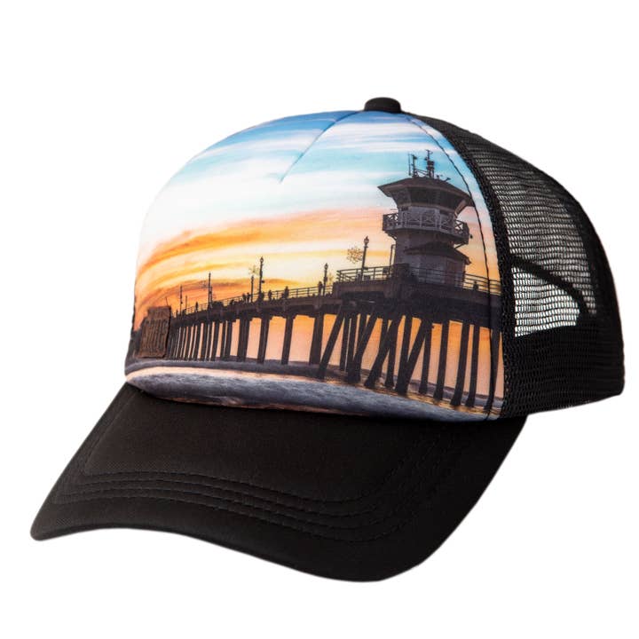 Foam Mesh Snapback Photo Trucker Hat, Beach Pier for wholesale by Shüe Hat Co