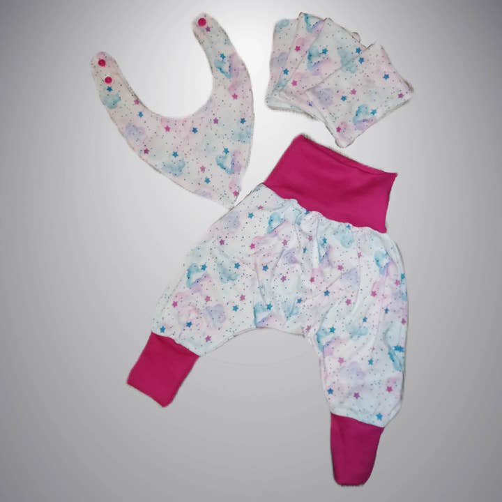 Baby sæt (udviklende sarouel, tørre, hagesmæk) for engroshandel hos The Mel's World