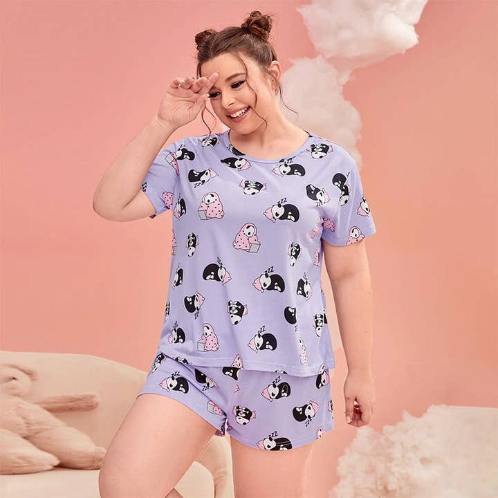 Basis Fancy - Wholesale Sleepwear Set - Women's - Women Fashion Casual Plus Size Printed T-Shirt Loose Shorts Pajamas Two-Piece Set8