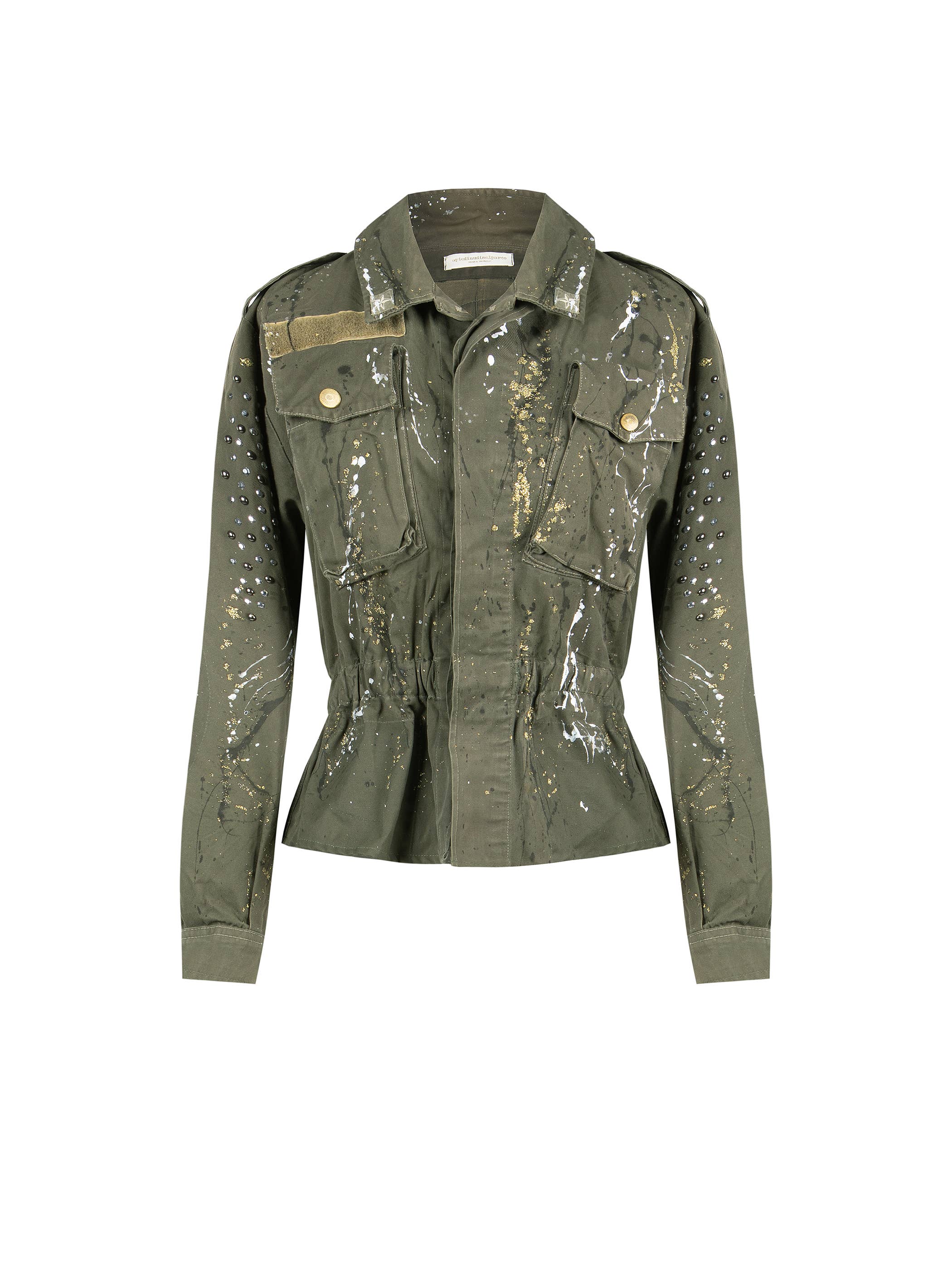 apiedinudinelparco - Venta al por mayor Chaqueta - Mujer - Chaqueta militar corta pintada a mano con parches y brillo6