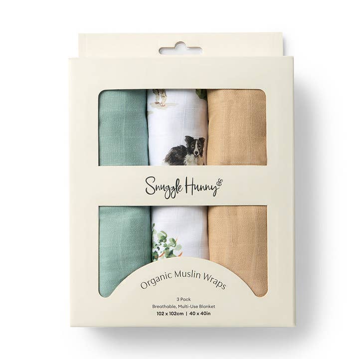 Large Organic Muslin Wraps 3 Pack - Dog Park/Sage/Pebble for wholesale by Snuggle Hunny