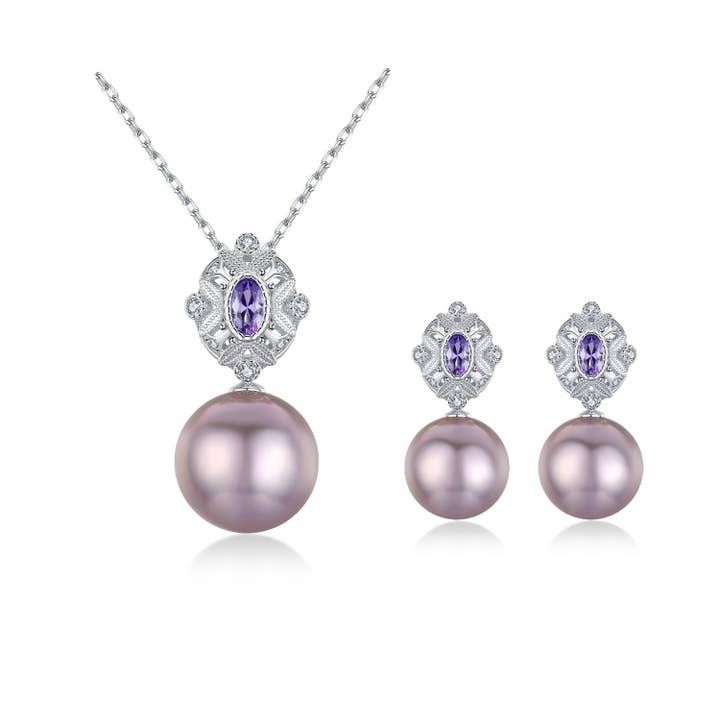 Parure de boucles d'oreilles et collier de style victorien en bronze avec perle Edison Violet pour la vente par Timeless Pearl