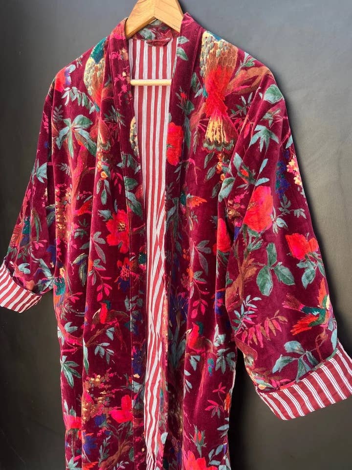 bhavnas boutique - Wholesale Robe - Women's - Women Wear Cotton Velvet Robe Bird Print Velvet Kimono Robes1