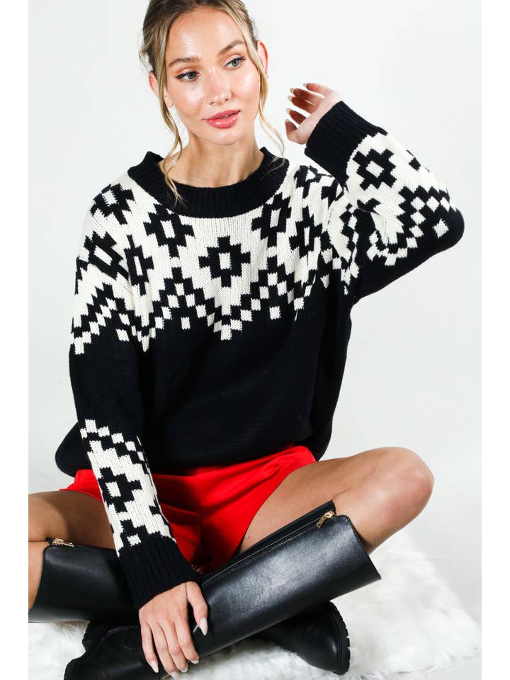 Vine & Love - Wholesale Knit Sweater - Women's - Crew Neck Aztec Patterned Knitted Sweater Top VT81548