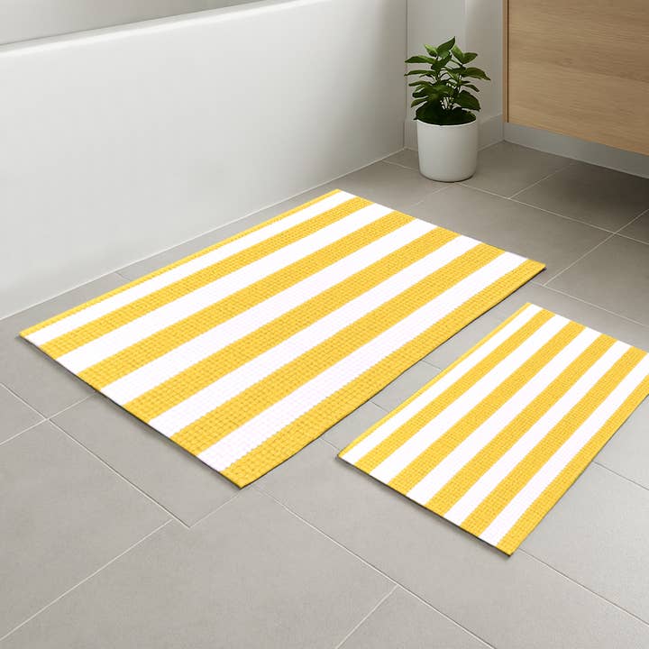 Large 2 Piece Set Yellow White Stripe Soft Chenille Bath Mat for wholesale by home mart goods