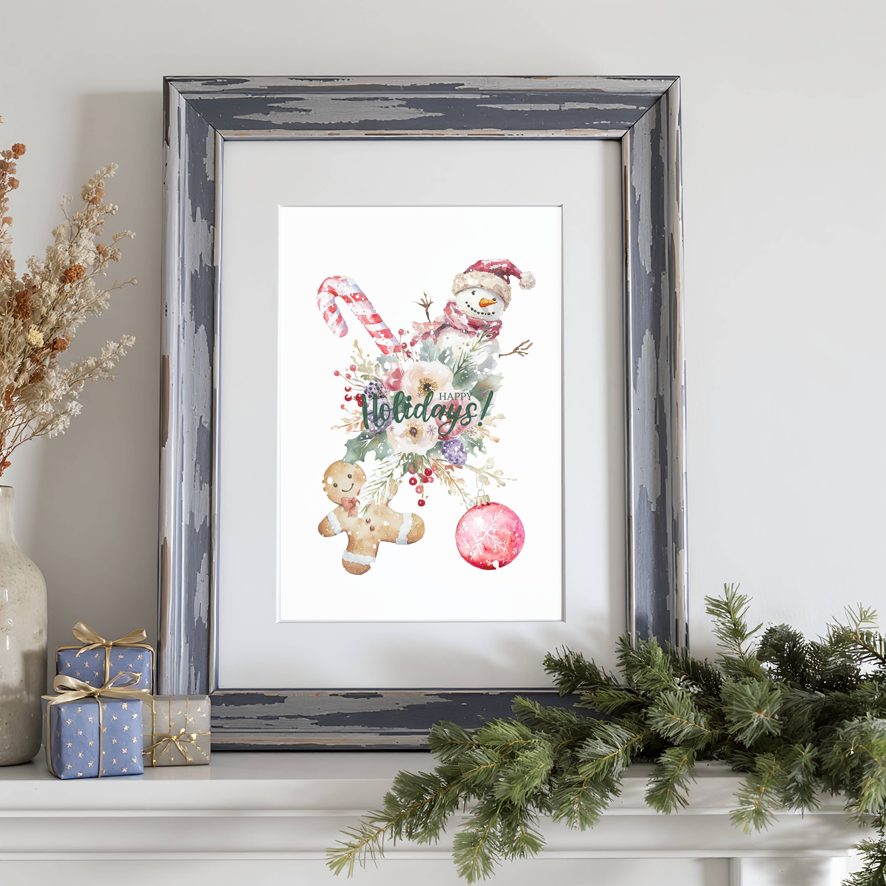 Designs by Michaela - Wholesale Art Print - Happy Holidays Snowman and Gingerbread Christmas Wall Art
