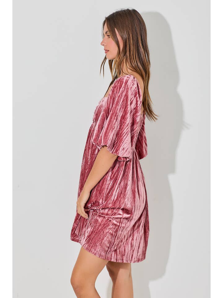 DUSTY ROSE VELVET BUBBLE SLEEVE MINI DRESS for wholesale on Faire