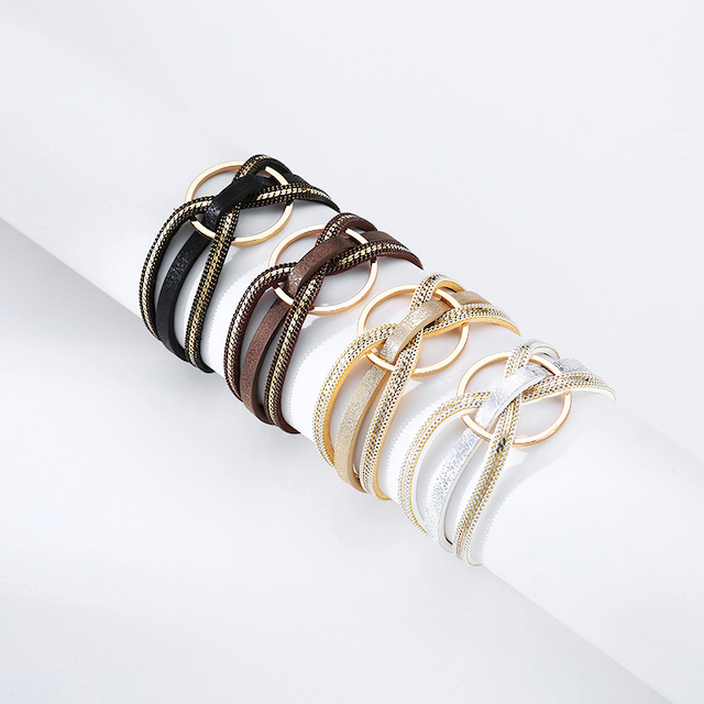 Pretty Persuasions - Wholesale Bangle Bracelet - B22096 Interlocked Ring PU Leather Wrap Bracelet16