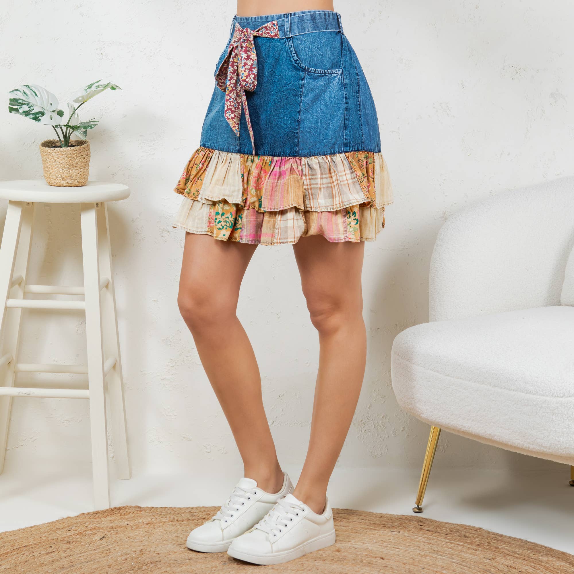Young Threads - Wholesale Skirt - Women's - Playful Denim Mini Skirt with Plaid Patch Details6