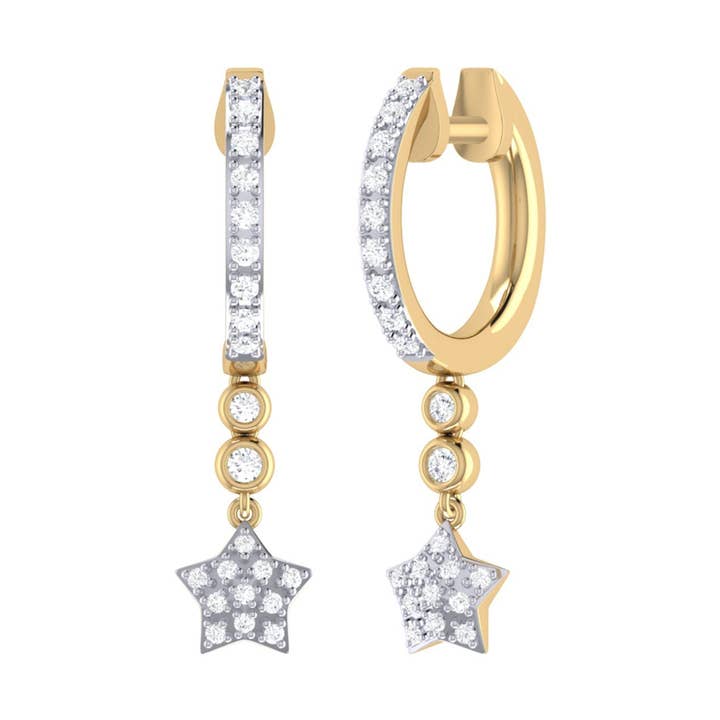 Aros argolla con dos diamantes Star Bezel en oro amarillo de 14 k sobre plata de ley para venta al por mayor de LuvMyJewelry (LMJ)