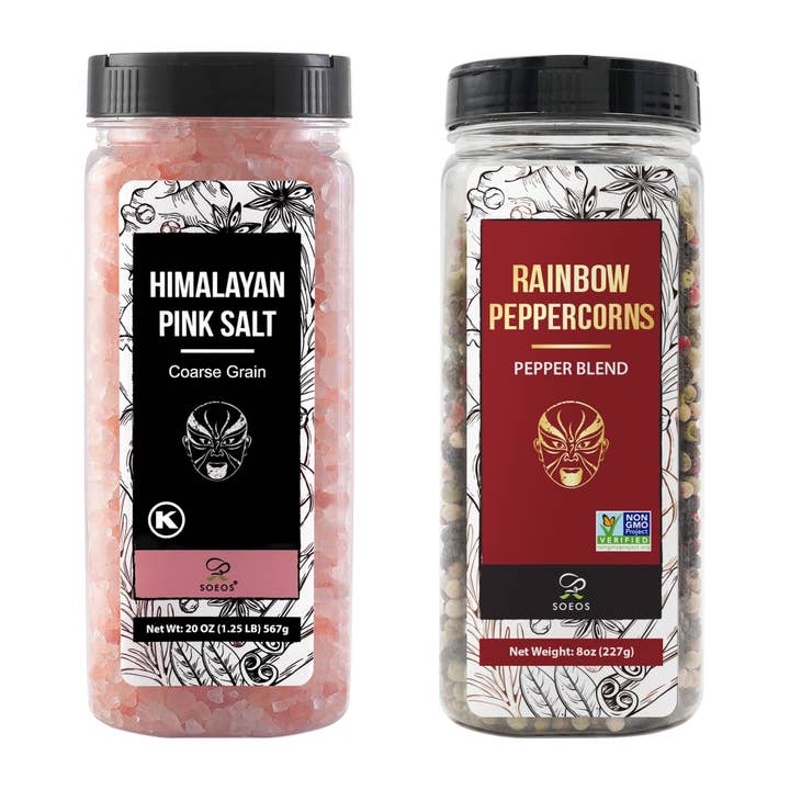 soeos - Vente Mélanges sel et poivre - Soeos Sel Rose de l'Himalaya, 18 oz + Poivre Arc-en-ciel, 8 oz