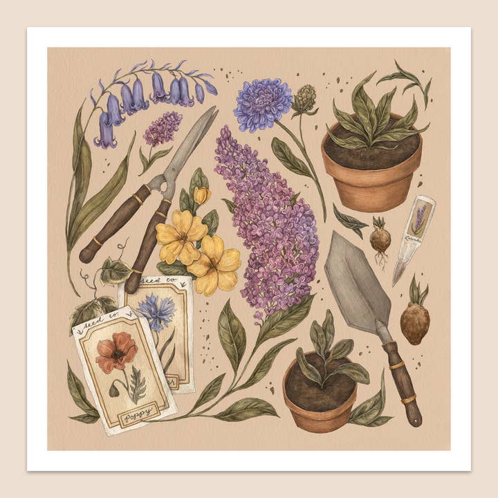 10" x 10" Spring Gardening Print for wholesale by Jessica Roux Illustration