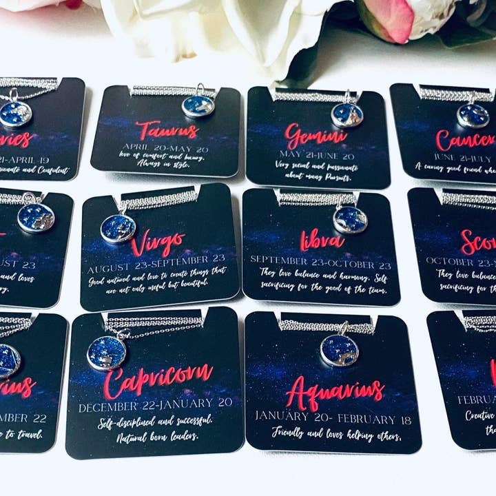 Zodiac Necklaces, Silver Zodiac Necklaces, Carded Necklaces, for wholesale by Janine’s Jewelry Design