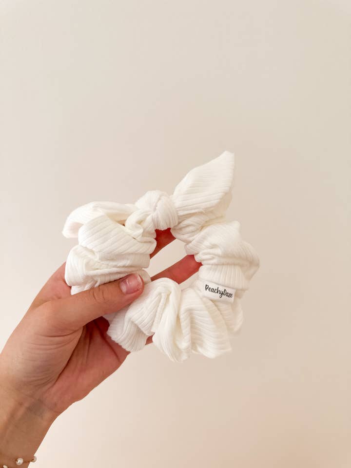 White Bow Scrunchie for wholesale by Peachy Daze Boutique