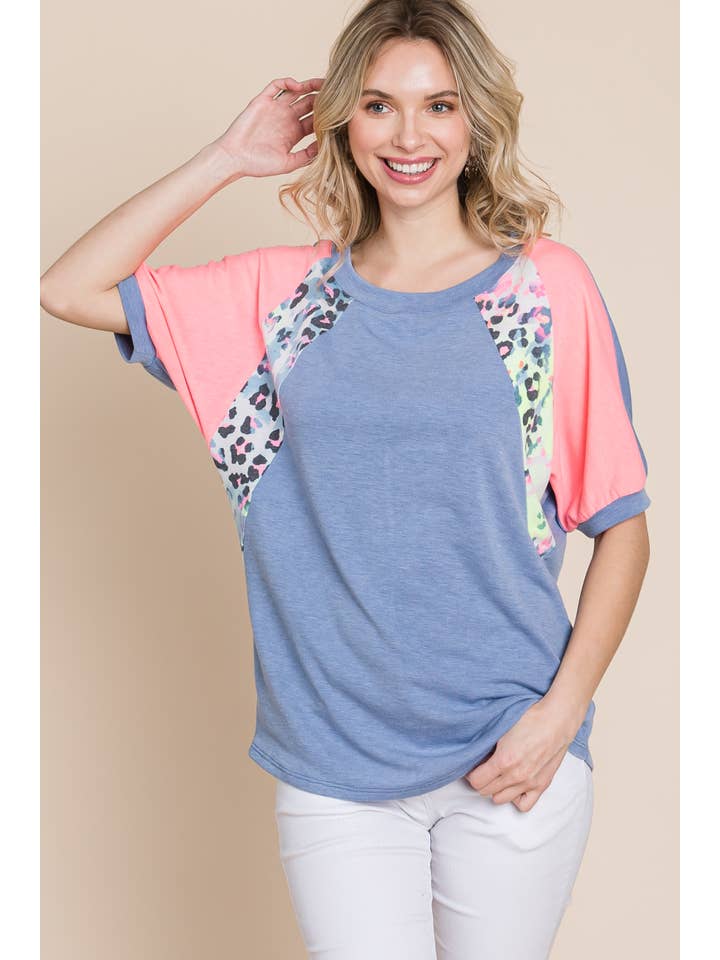 ETK-8752-PL Plus Size Neon Animal Print Contrast Casual Top for wholesale on Faire