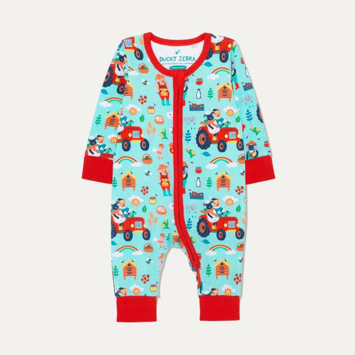 Organic Cotton Zip-Up Sleepsuit with Farmyard Fun Print for wholesale by Ducky Zebra: Sustainable Kids' Clothes