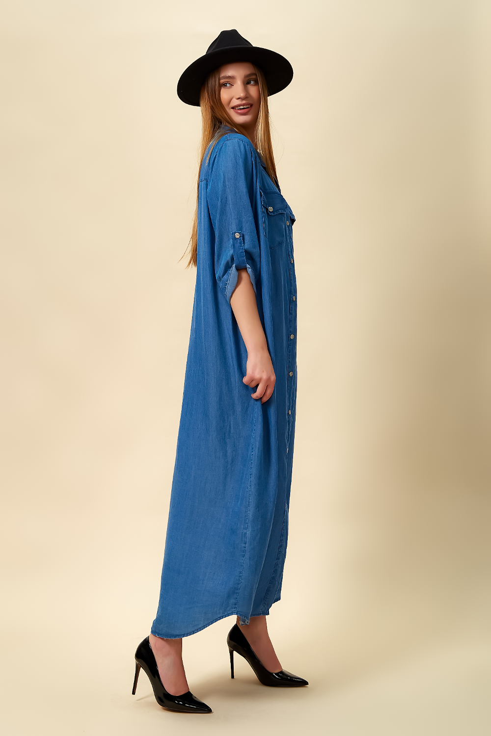 bleu Robe longue en jean avec poches en vente sur Faire1