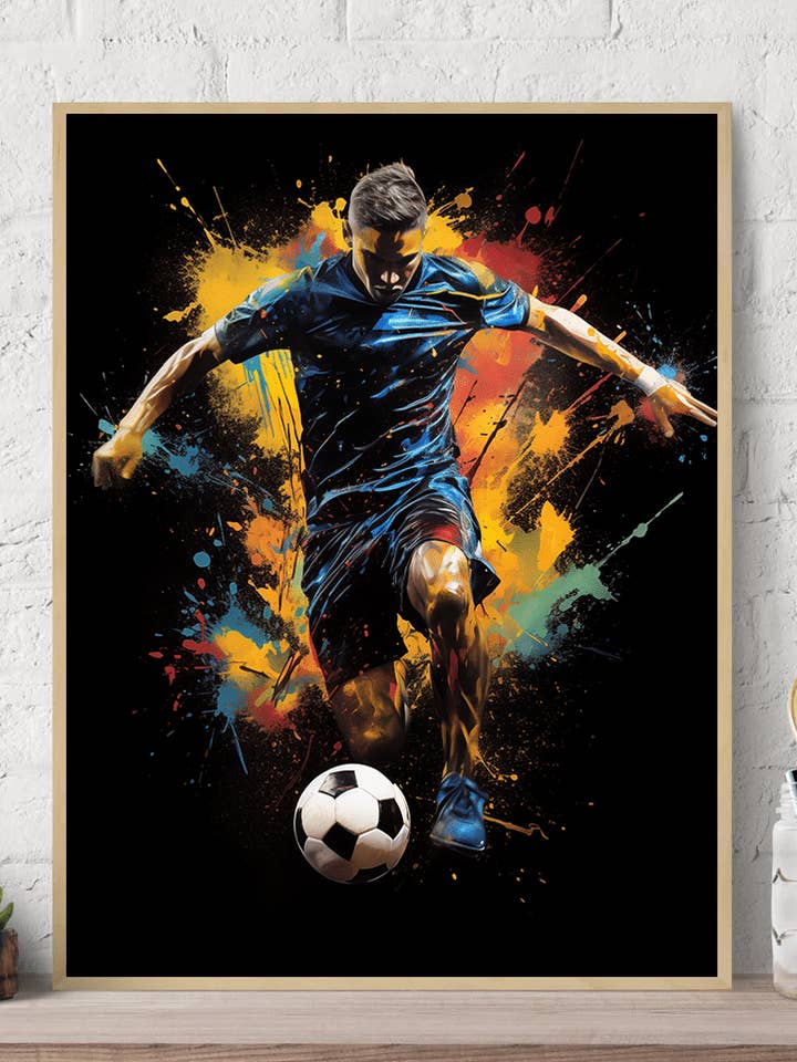 Schilderij Soccer Player in Motion Paint Splatter op canvas voor wholesale door Arttique - Artistry Canvas Prints
