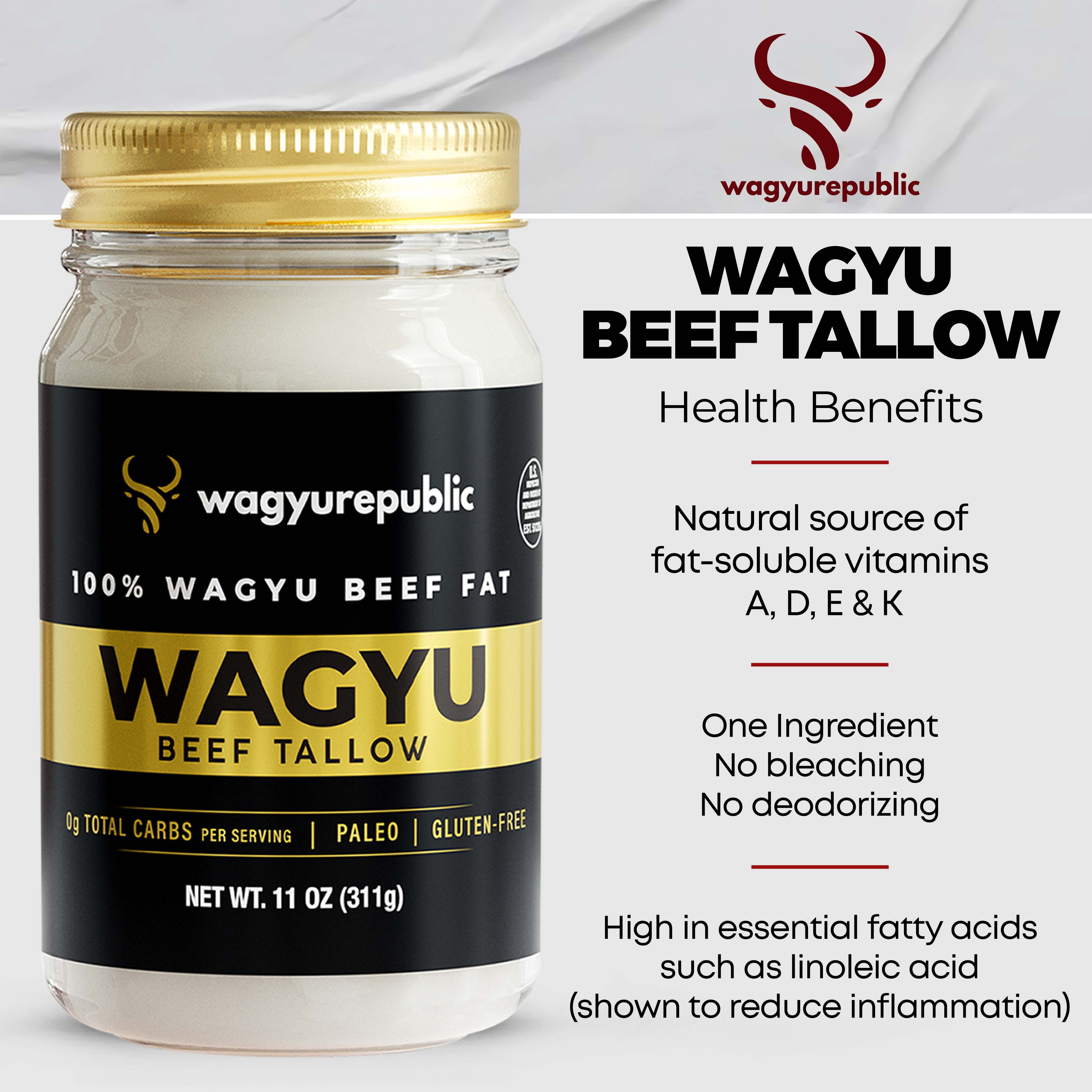Wagyu Republic – wholesale Cooking oil – Wagyu Republic Wagyu Beef Tallow, 11oz Glass Jar2