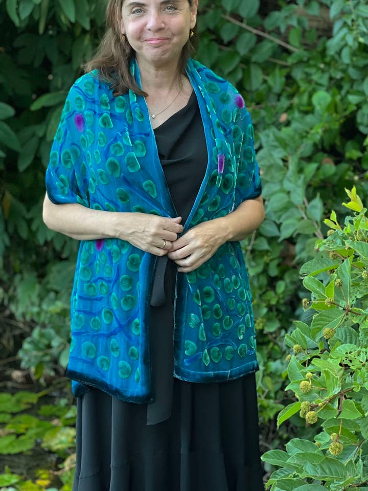 Turquoise Devoré Burnout Velvet Lily Pads Scarf/Shawl for wholesale by Sherit Levin Textiles