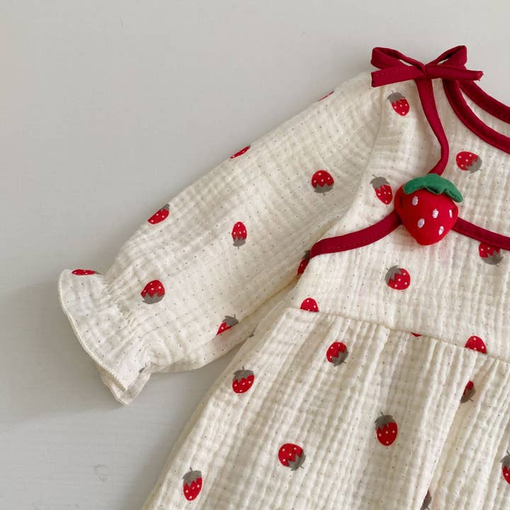 Red Autumn Arrival Baby Girls Long Sleeves Crew Neck Strawberry Pattern Rompers for wholesale on Faire3