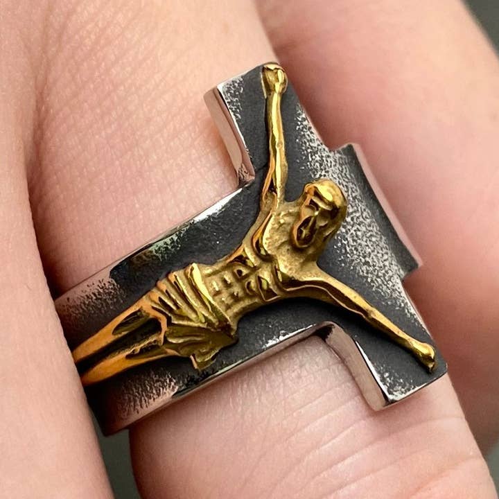 Guldbelagt Jesus Kors Herre Rustfrit Stål Ring - MJ/MR for engroshandel hos Mio Queena